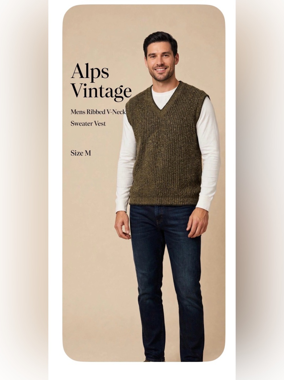 Alps Vintage Mens Ribbed V-Neck Sweater Vest Olive Green Marl Size M